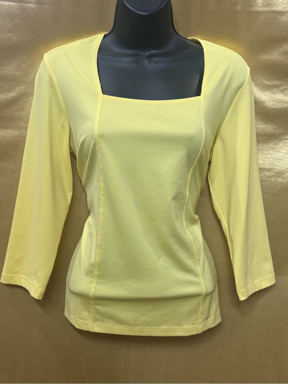 Susan‎ Graver Liquid Knit Pale Yellow Square Neck 3/4 Sleeve Top - XS USA
